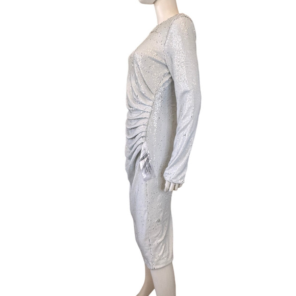 NWT DRESS THE POPULATION Silver Emilia Sequin Long Sleeve Cocktail Dress Size XL - Picture 7 of 12